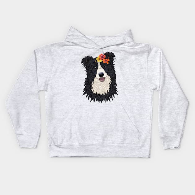 Tropical Border Collie Girl Kids Hoodie by ArtLovePassion